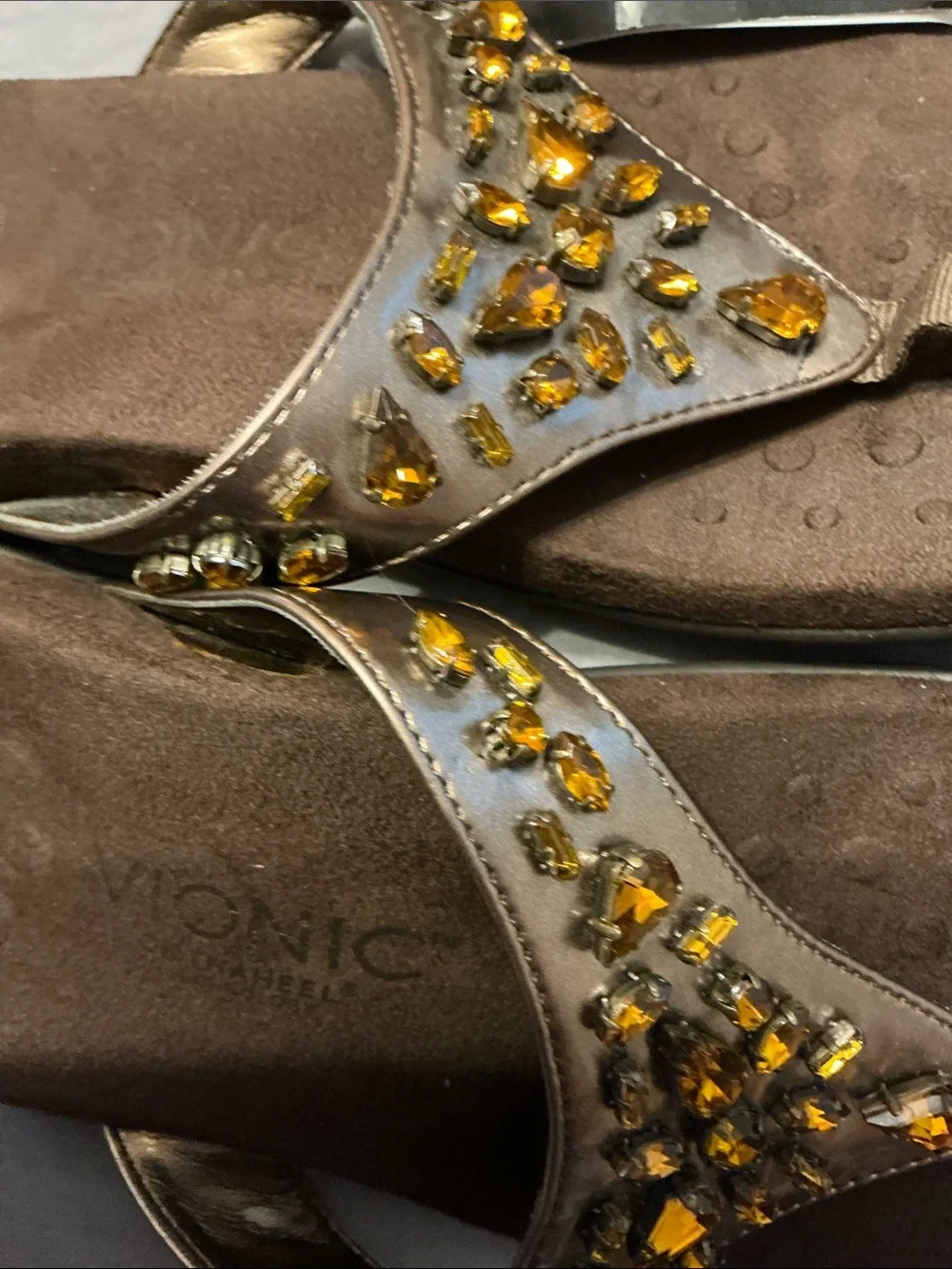 Vionic Brown Jeweled Toe-Post Sandals
